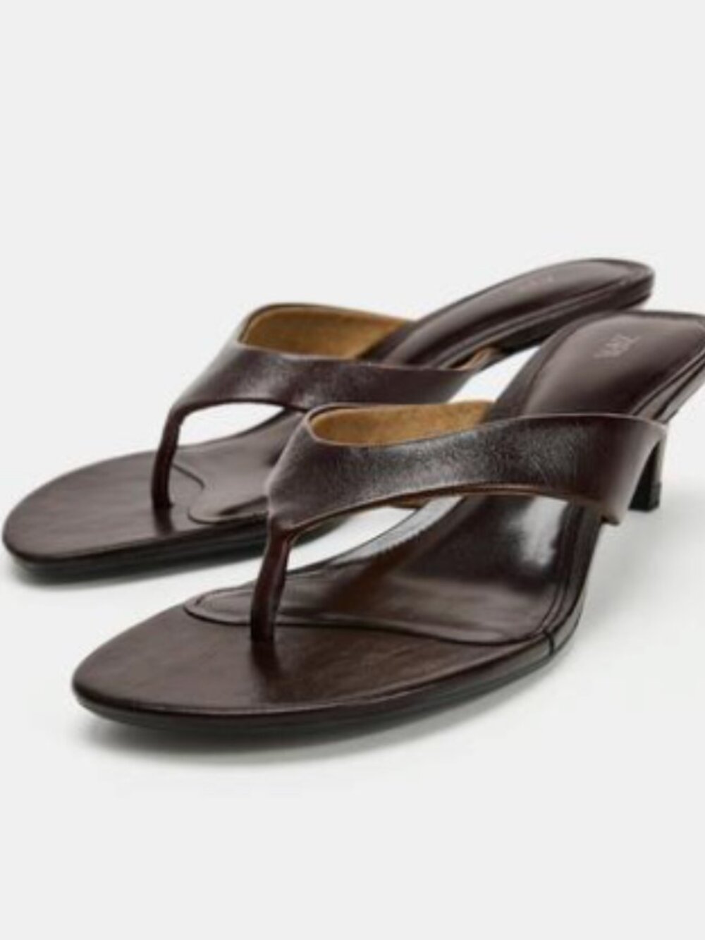Zara Leather Kitten Heel Sandals in Chocolate